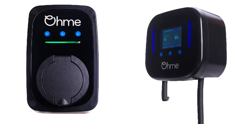 Close-up of the Ohme ePod untethered EV charger and Ohme Home Pro tethered EV charger, showing front and side views of each unit.